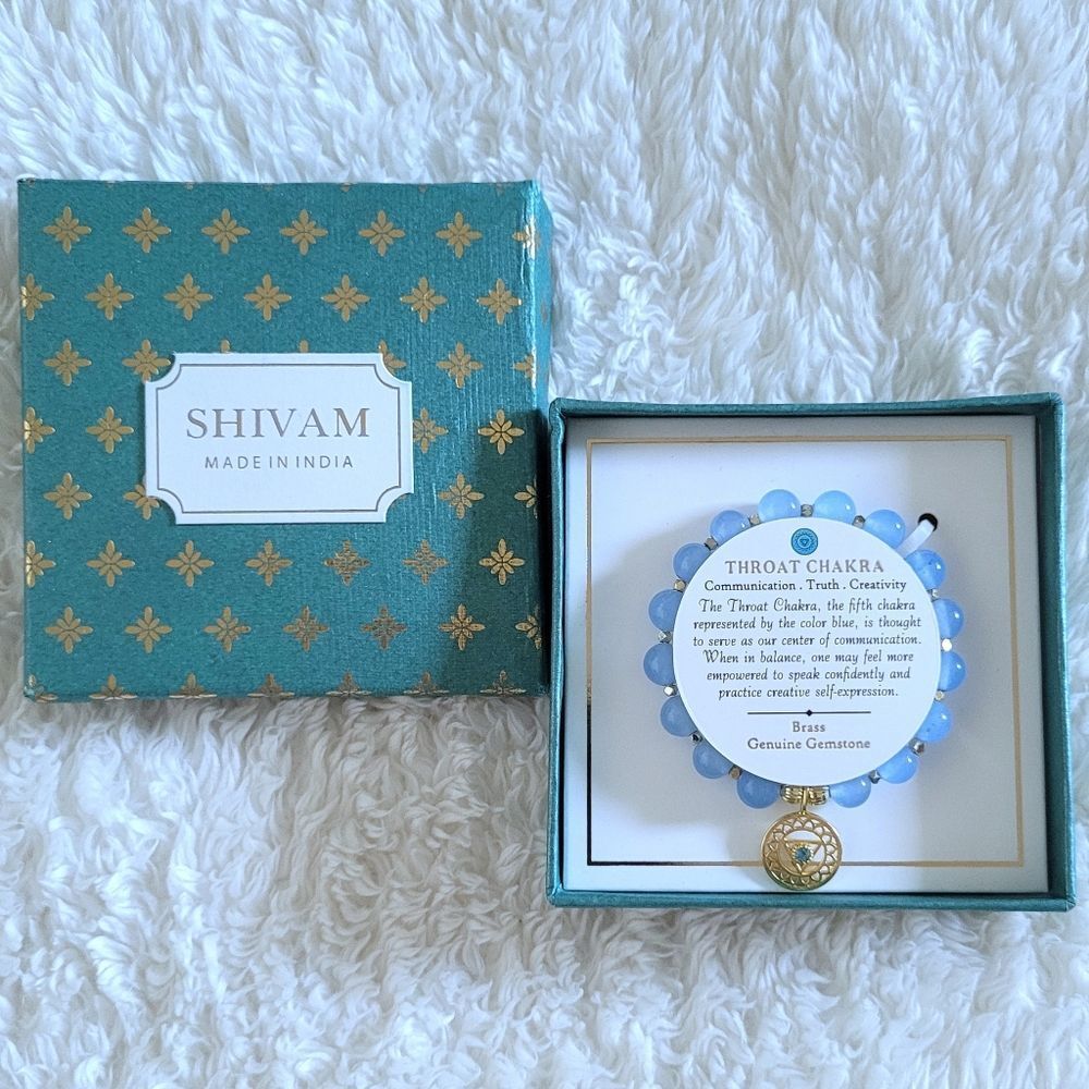 Shivam Light Blue💙 Beads Stretch Bracelet with Throat Chakra🧘‍♀️ Charm - NIB